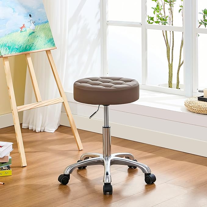 Rolling Stools with Wheels (300lbs Capacity) (Adjustable Height 20"-27") Brown Leather Manicure Guitar Lash Stool (Coffee Brown)
