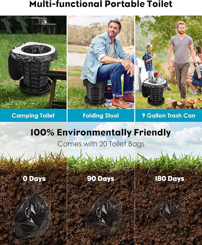 Portable Toilet for Adults, Adjustable Height Camping Toilet Portable, Outdoor Emergency Toilet for Car, Travel, Camping, and Hiking, Comfortable Portable Potty for Adults with 20 Toilet Bags
