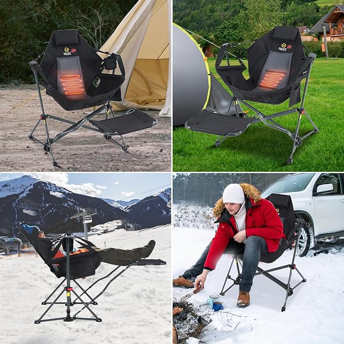 Nice C Heated Hammock Camping Chair with Footrest, Heated Camping Chair with Battery, Rocking Swing Chairs, Hammock Chairs with Stand, Heavy Duty (2, Heat Black W/Footrest)