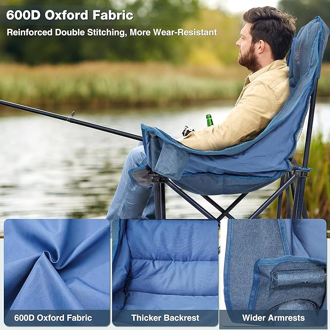 Oversized Camping Chair, Portable Folding Padded Camp Chairs with Side Pocket, Cup Holder, Heavy Duty Support 500LBS Outdoor Lounge Chair for Adults, Fishing, Sports, Trip, Navy Blue