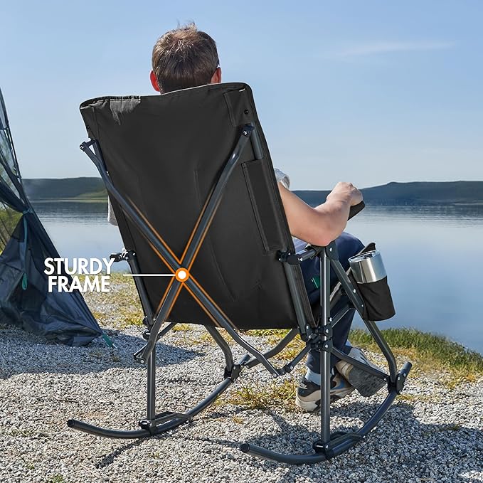 PORTAL Oversized Folding Rocking Camping Chair Portable Outdoor Rocker with High Back Hard Armrests Carry Bag, Supports 400 lbs
