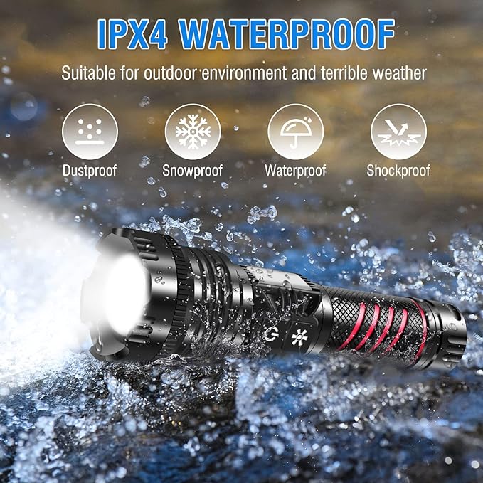 BORUIT Rechargeable Flashlight High Lumens 20000 Lumens LED White Red Light Torch,8 Modes IPX4 Waterproof Powerful USB C Tactical Flashlight Work Light for Outdoor, Emergency & Daily Use