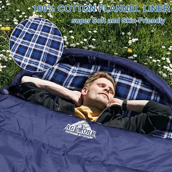 AGEMORE Cotton Flannel Sleeping Bag for Adults, Lightweight XXL Cotton Sleeping Bag for Camping Backpacking or Hiking, Water Resistant 3-4 Season Sleeping bag for Warm & Cool Weather