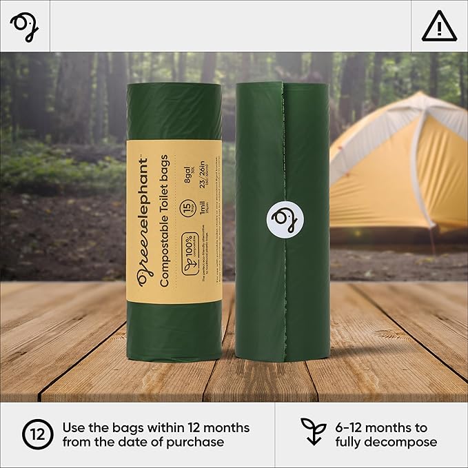 Green Elephant Portable Toilet Bags - Camping Toilet Bags, Camping Potty Bags, Camping Poop Bags for People, Toilet Waste Bags for 5 Gallon Bucket, Camp Toilet Bag, 15 count, 8 gal, 1 mil (1 pack)