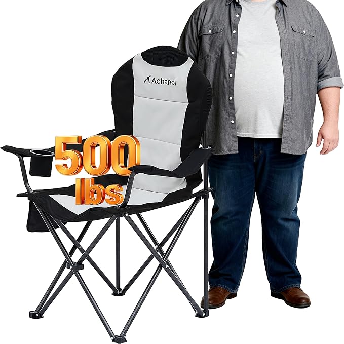 Camping Chairs for Heavy People, Folding Chairs for Outside Outdoor Folding Chairs with Cup Holder & Cooler Bag, Camp Chairs Supports up to 400lbs(2 PC, Black White)
