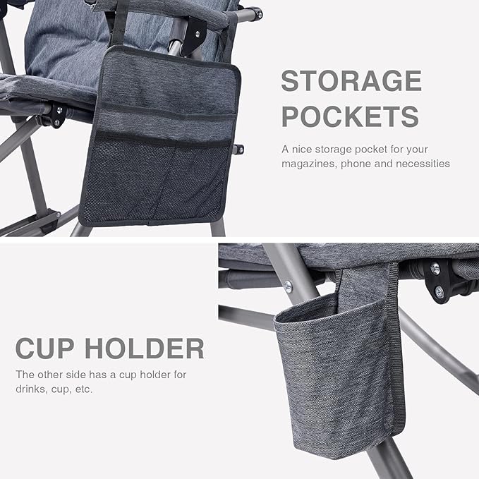 EVER ADVANCED Oversized Folding Rocking Camping Chair, Padded Portable Rocker Chair for Patio, Lawn and Outdoors, Heavy Duty Hard Armchair for Adults Supports 400lbs, Grey