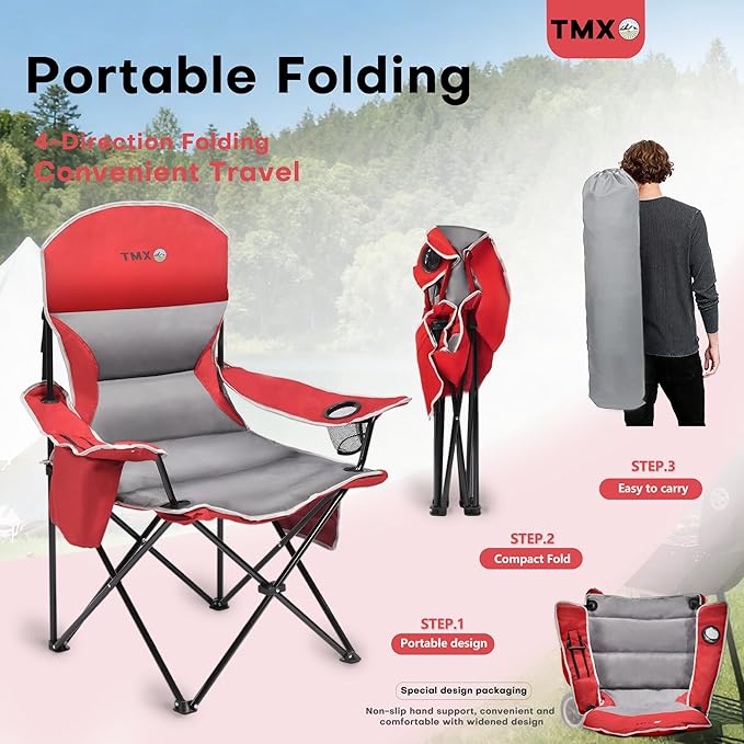 XMT Extra Wide Armrests Portable Folding Chair with Cup Holder Cooler Bag Heavy Duty 600D Oxford Fabric Supports 450lbs Compact Foldable Camping Chair for Outdoor Beach Picnic Sports