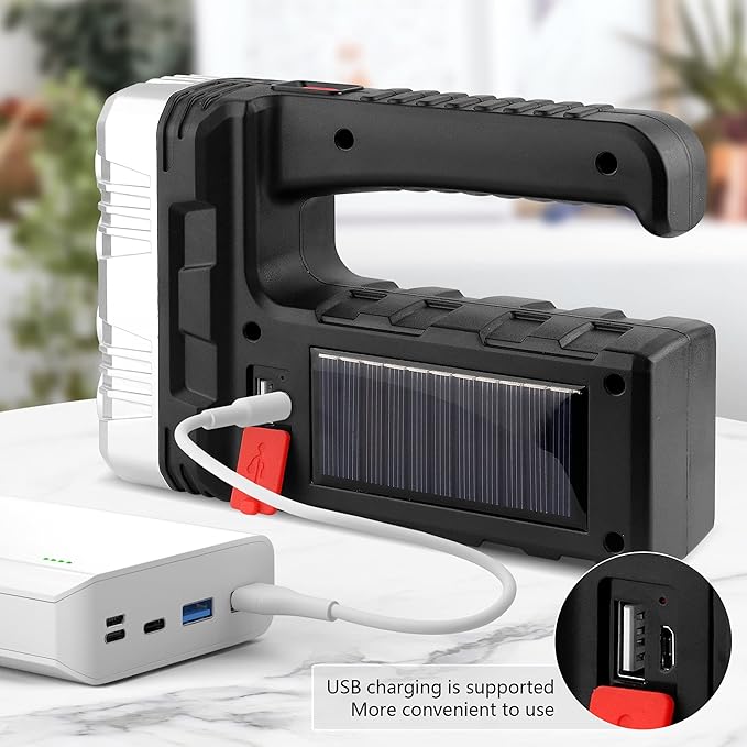 Solar Flashlight with USB Cable,Rechargeable 8 LED Handheld with COB Sidelight,Portable Waterproof Flashlight,High Lumens 3 Modes Searchlight,for Fishing Outdoor Camping Emergencies