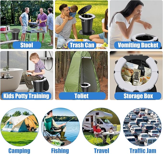 CKE Upgraded Retractable Portable Toilet for Camping with Soft PU Cushion, 300LBS Folding Toilet Adjustable Height Camping Toilet for Adults Kids, Portable Potty Travel Foldable Toilet for Camping/Car