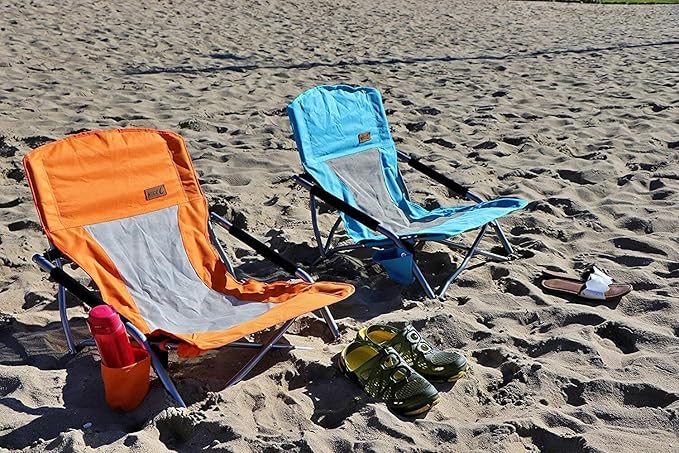 Nice C Adults Low Beach Chair, Sling, Folding, Portable, Concert, Kids, Boat, Sand Chair with Cup Holder & Carry Bag (2 Pack of Blue)