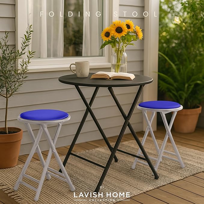 Lavish Home Folding Stool Set - Set of Two 24-Inch Padded Stools with 225lb Capacity for Kitchen, Dorm, or Rec Room - Portable Stools for Adults - Collapsible Sitting Stool Set for Seating (Blue)