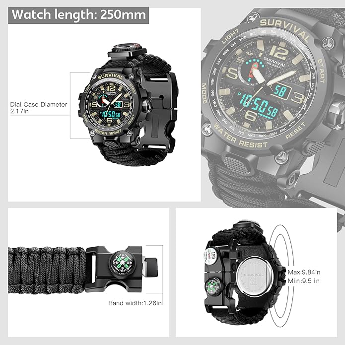 Kavie 23-in-1 Military Tactical Watch for Men, Multifunctional Outdoors Waterproof Survival Watches with Compass Whistle Fire Starter and Thermometer, Paracord Watch Bracelets with Outdoor Army Gear