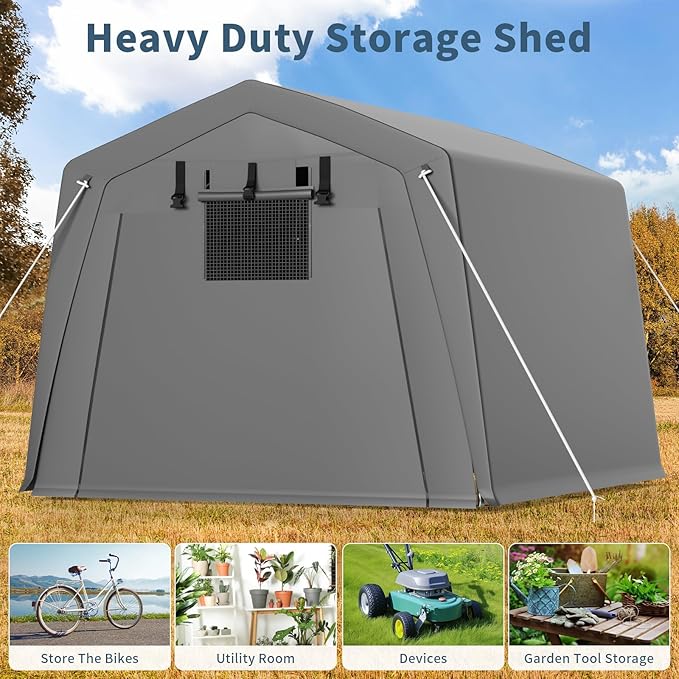 Garvee 10 ft x15 ft Outdoor Portable Storage Shed, Waterproof & UV-Resistant Garage Shelter with 2 Roll-Up Zipper Doors, Anti-Snow Carport Tent for Motorcycle, Bike, and Outdoor Equipment, Gray