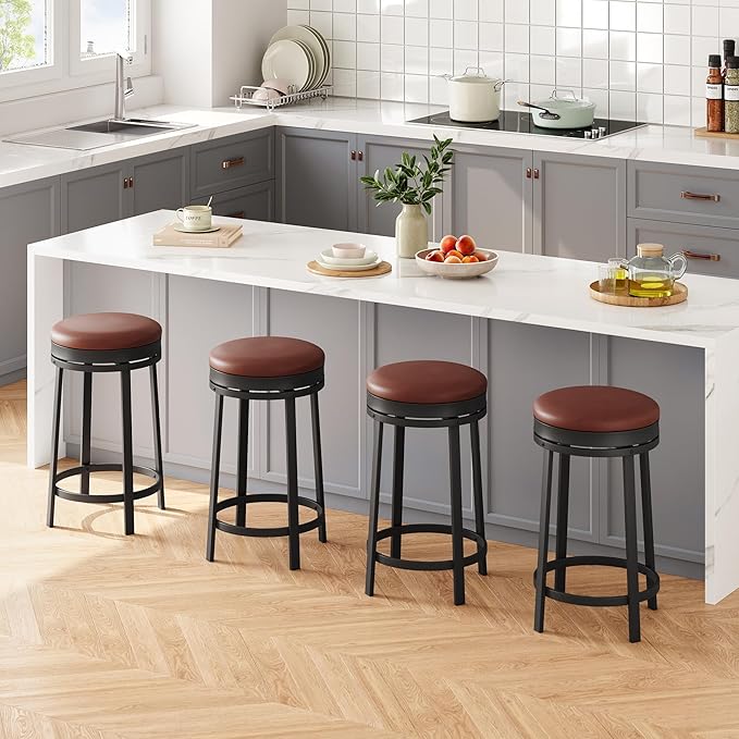 IDEALHOUSE 24'' Swivel Bar Stools Set of 2 with Footrest, Modern Counter Height Barstools with PU Leather Upholstered and Metal Frame, Backless Round Bar Stools for Kitchen Island, Brown