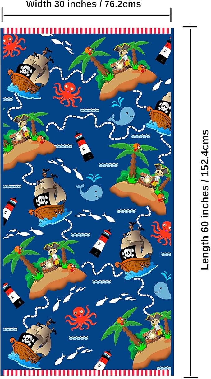Microfiber Beach Towel for Kids - Thin and Large (30"x60") - Pirate - Absorbent, quick dry, sand free, lightweight, blanket - toddler, girls, boys - For Sports, Pool, Picnic, Camping, Travel, Swim