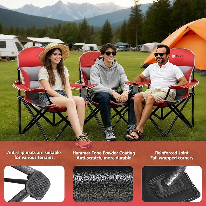 XMT Extra Wide Armrests Portable Folding Chair with Cup Holder Cooler Bag Heavy Duty 600D Oxford Fabric Supports 450lbs Compact Foldable Camping Chair for Outdoor Beach Picnic Sports