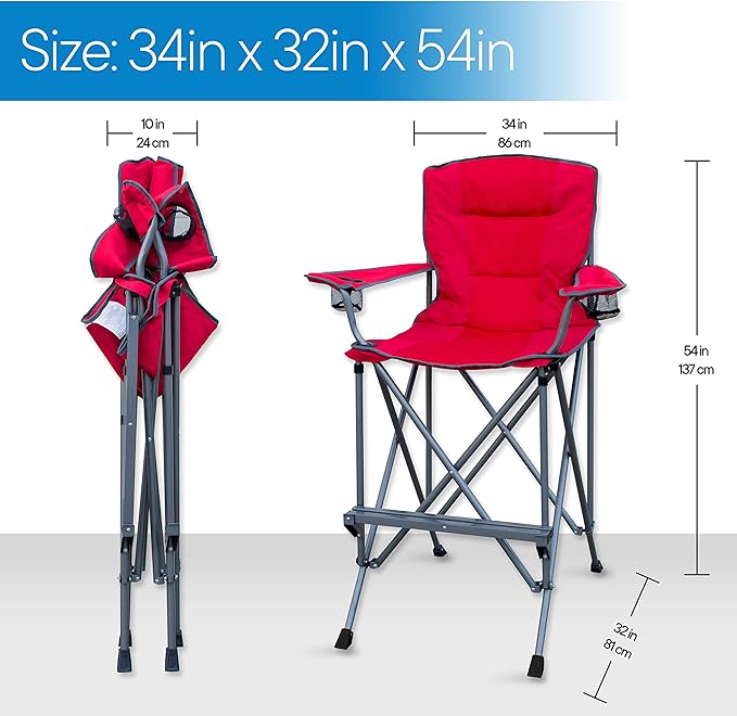RMS Extra Tall Folding Chair - 31" Seat Height Director Chair for Camping, Home Patio and Sports - Portable and Collapsible with Footrest and Carrying Bag - Up to 300 lbs Weight Capacity (Red)