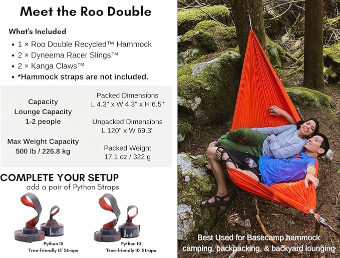 KAMMOK: Roo Double Hammock | Made from Strong & 100% Recycled Water Resistant Ripstop Fabric | Comfortable, Packable, Lightweight (Lifetime Adventure Grade Warranty), Granite Gray