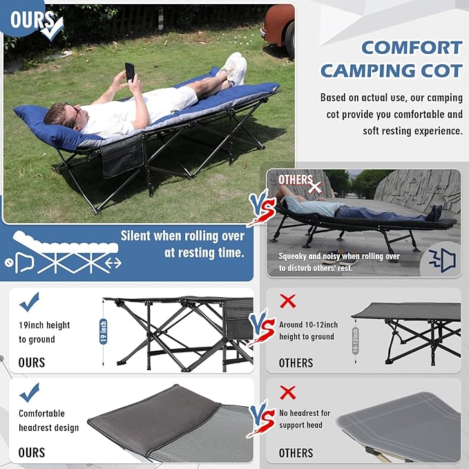 Oversized Folding Camping Cot 32inch w/Mattress, Heavy Duty Portable Sleeping Cot with Carry Bag, Double Layer Oxford Travel Camp Cots for Outdoors & Indoors, Suit for Adults Kids ,Navy/Grey
