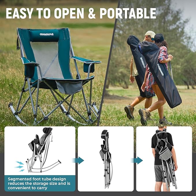 FUNDANGO Rocking Camping Chair, High Mesh Back Portable Folding Camp Chairs with Pillows, Cup Holder and Carry Bag for Lawn Patio Garden Outdoor Supports 300 Lbs (Black/Grey)