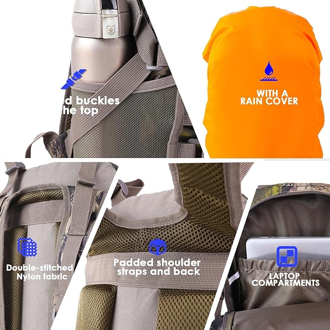 Hunting Backpack with Waterproof Rain Cover Camo Backpack with Bow and Rifle Holder for Camping,Hiking