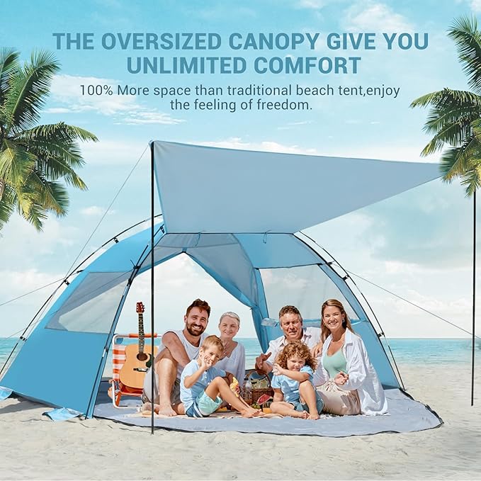 Elegear Beach Tent Sun Shelter with Canopy, 6-8 Person Beach Tent, Easy Setup UPF 50+ UV Protection Portable Lightweight Double Silver Coating Cabana Sun Shade Shelter - Sky Blue