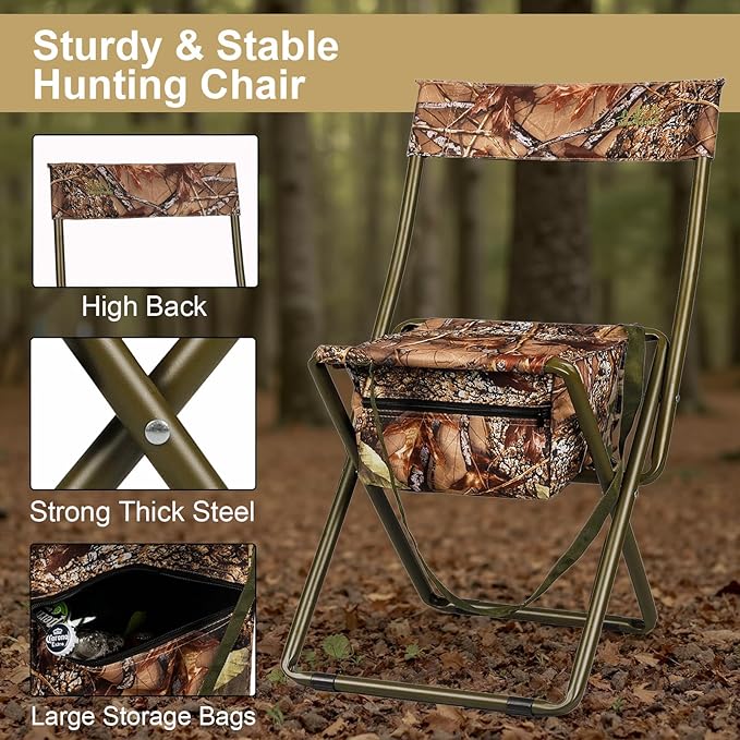 Folding Camping Chair,Portable High-Back Hunting Chair, Lightweight Hunting Stool w/Storage Bag,Shoulder Strap,for Camping,Hiking,Beach,Picnic,Support Up to 250 lbs,Camouflage