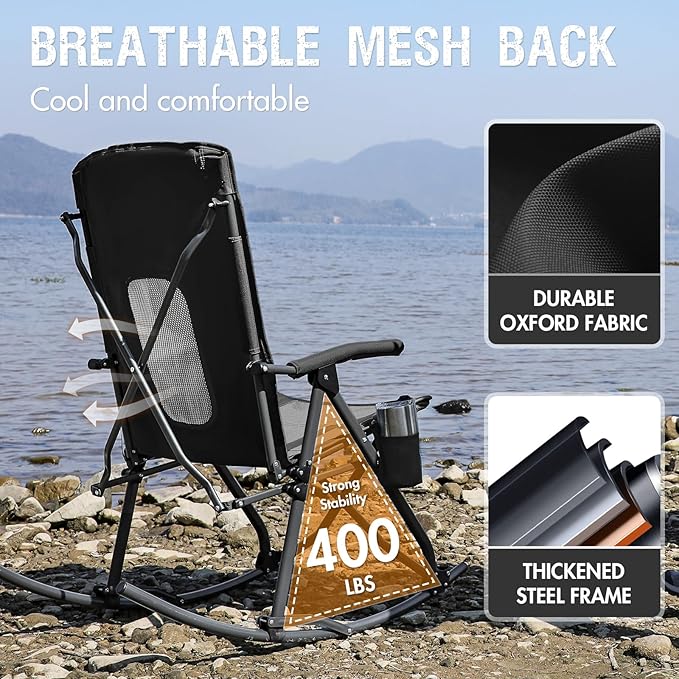 PORTAL Oversized Folding Rocking Camping Chair Portable Outdoor Rocker with High Back Hard Armrests Carry Bag, Supports 400 lbs