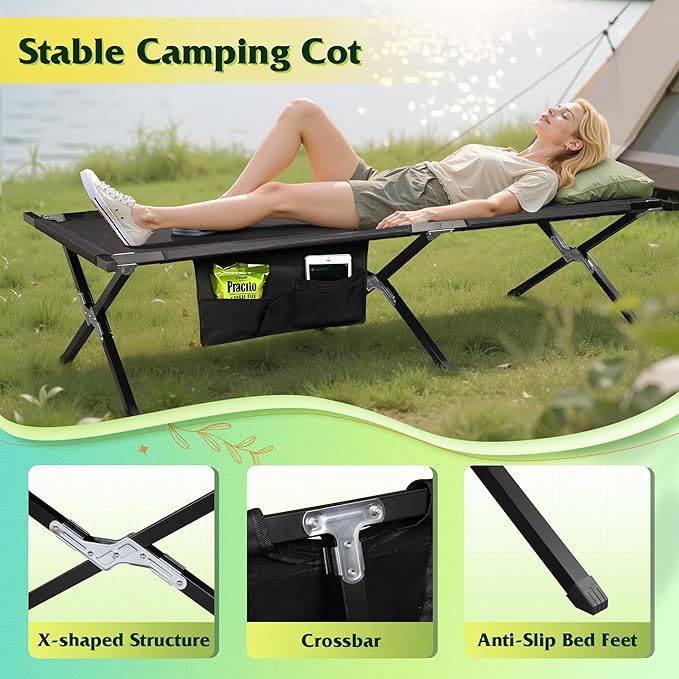 WLIVE Military Camping Cot, Portable Folding Cots for Sleeping with Carry Bag, Outdoor Camping Bed for Adults with Side Pocket, Support 300 Lbs, Black