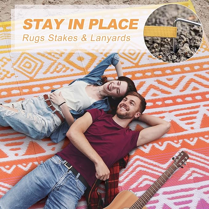 Lahome Outdoor Plastic Straw Rug, Reversible Outdoor Rug Waterproof 9x12 Rugs for Patio, RV Camping Rug Picnic Mat Outside Large Carpet for Beach Deck Backyard Balcony(Orange/Purple,9'x 12')