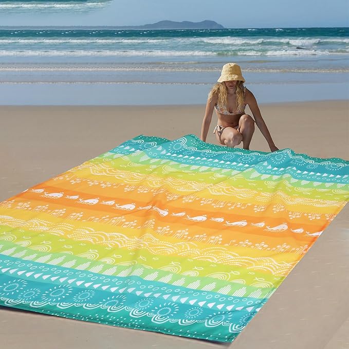 Beach Blanket Waterproof Sandproof, Large Lightweight Quick Dry Beach Mat with Storage Bag & Stakes, Portable Sand Free Picnic Blanket with Corner Pockets, Beach Vacation Essentials for Family, Friend