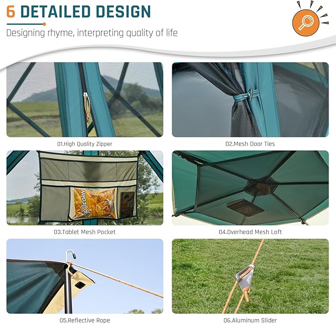 Instant Tents for Camping Pop Up Screen Tent with Rainfly and Porch, 6 Person Large Family Camping Tent with Floor, Easy 60S Setup Hub Tent for Outdoor Picnic Backyard, 11.5'L x 10'W x 6.83'H