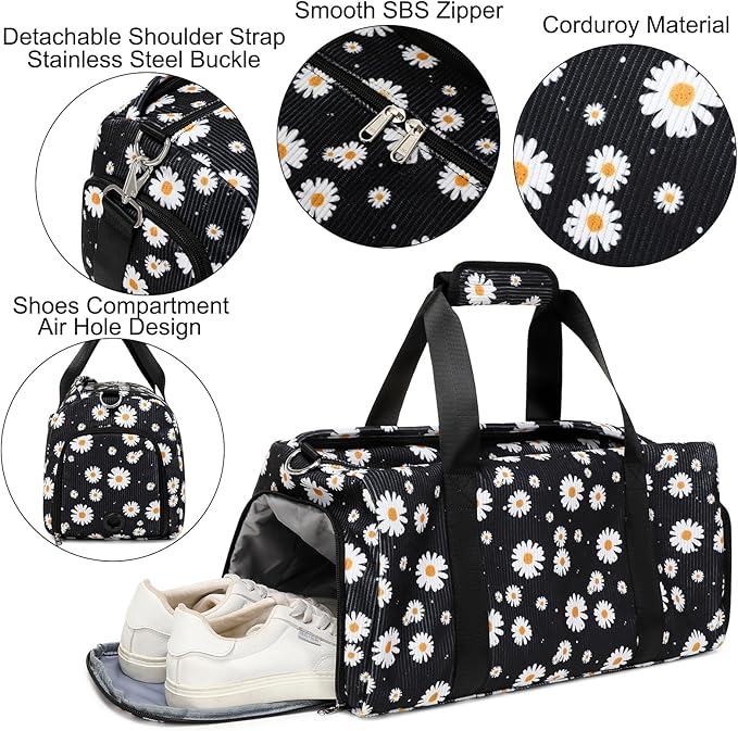 Dance Bag for Girls Corduroy Kids Duffel Bag Ballet Bag for Girls Teen Women Sports Gym Bag Water Resistant Travel Duffle Bags with Shoes Compartment(black daisy)