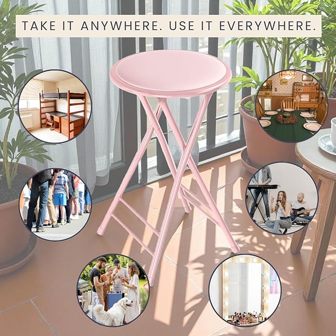 Lavish Home Set of 2 Counter Height Bar Stools – 24-Inch Backless Folding Chairs with 225lb Capacity for Kitchen, Rec Room, or Game Room (Pink)