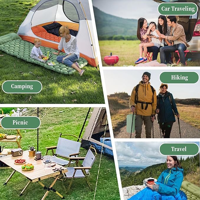 MEI&CO Lightweight Convertible Double Inflatable Camping Pad – 2-in-1 Single Pads Built-in Pillow – Quick Inflate Foot Pump, 660lb Capacity – Perfect for Couples & Family Adventures (2, Green)