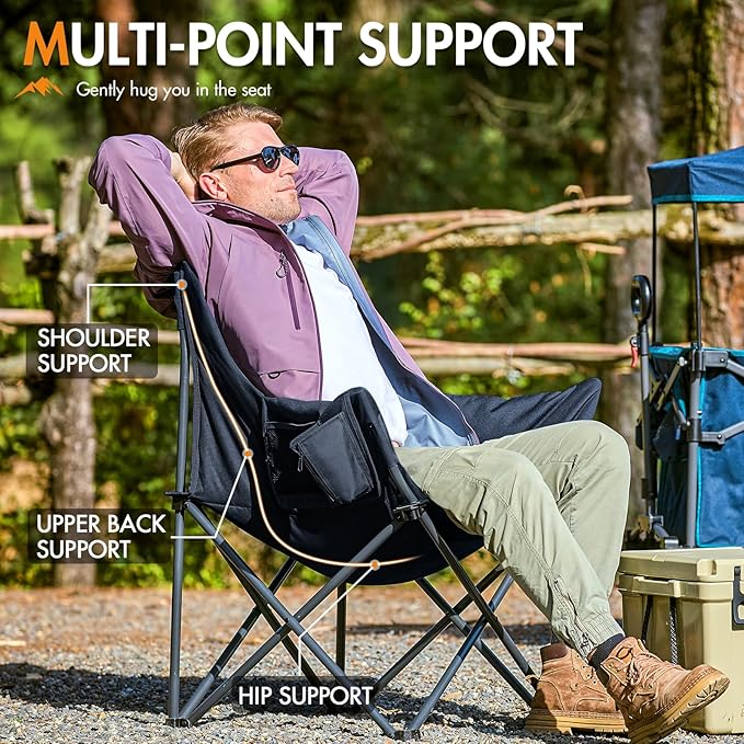 Portal Oversized Padded Camping Chair - Heavy Duty Folding Chair with Cup Holder & Side Pocket, Supports 330 lbs, for Camping, Lawn, Sports, Black