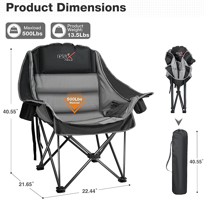 Oversized Camping Chair, Portable Folding Padded Camp Chairs with Side Pocket, Cup Holder, Heavy Duty Support 500LBS Outdoor Lounge Chair for Adults, Fishing, Sports, Trip, Black