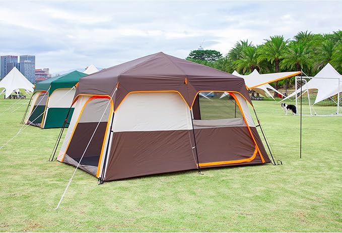KTT Large Tent 6-12 Person,Family Cabin Tents,Straight Wall,3 Doors and 3 Windows with Mesh,Waterproof,Big Tent for Outdoor,Picnic,Camping,Family,Friends Gathering.