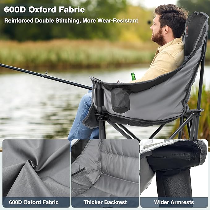 Oversized Camping Chair, Portable Folding Padded Camp Chairs with Side Pocket, Cup Holder, Heavy Duty Support 500LBS Outdoor Lounge Chair for Adults, Fishing, Sports, Trip, Black