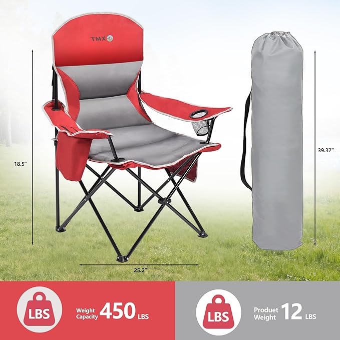 XMT Extra Wide Armrests Portable Folding Chair with Cup Holder Cooler Bag Heavy Duty 600D Oxford Fabric Supports 450lbs Compact Foldable Camping Chair for Outdoor Beach Picnic Sports