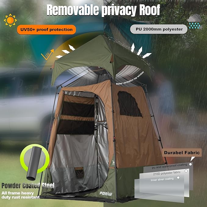 Portable Camping Shower Tent Deluxe Changing Room with Shower Bag Easy Set Up Privacy Shelter,Large Toilet Tent with Floor Drain Design for Beach,Camping,Hiking with Stakes and Ropes for Stability