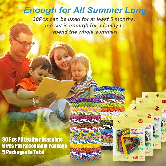 Mosquito Repellent Bracelets, 30 Pack PU Leather Braid Natural Bug Insect Repellent Wristbands for Kids Adult Outdoor Camping Fishing Traveling