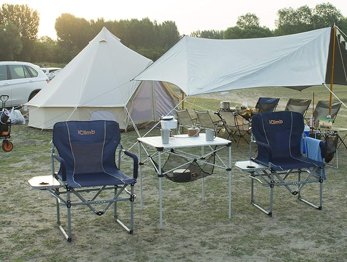 iClimb Heavy Duty Compact Camping Folding Mesh Chair with Side Table and Handle