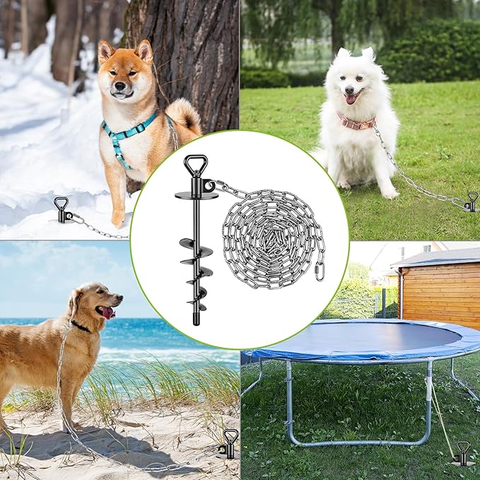 SELEWARE Dog Tie Out Stake Outdoor Anti-Rust Dog Anchor with Stainless Steel Dog Chain Leash for Large Dogs up to 220 lbs, Free Rotation Dog Stake Dog Camping Gear 15 ft Long