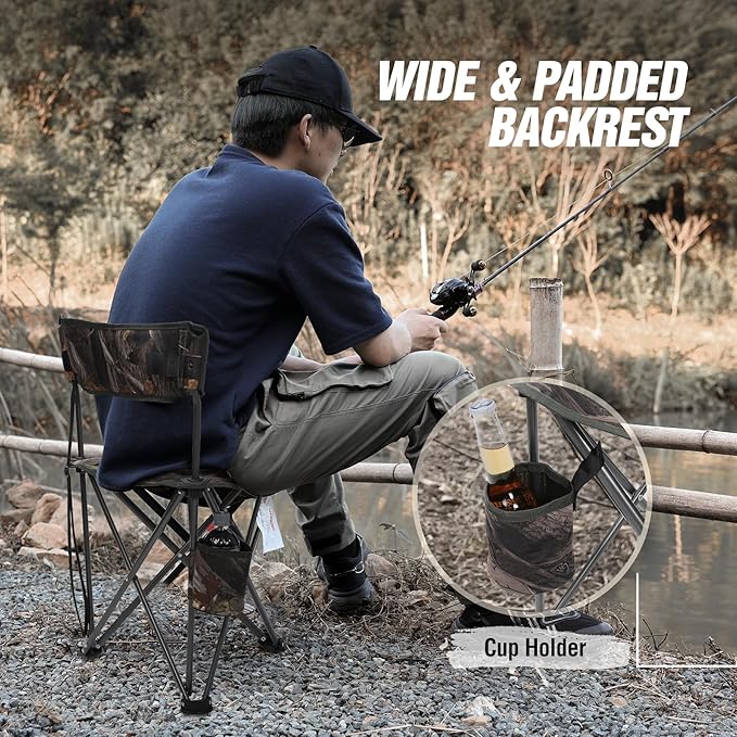 REDCAMP 2 Pack Tall Tripod Chairs for Adults, Folding Lightweight Portable Golf Chairs for Spectators, Compact 3 Legged Tripod Stools Seat with Backrest for Camping Fishing Hunting, Camo