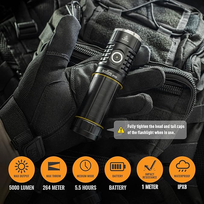 sofirn SP33S 5000 High Lumens LED Flashlight Rechargeable, Super Bright USBC EDC Flashlight, High Capacity for Camping, Hiking, Emergency