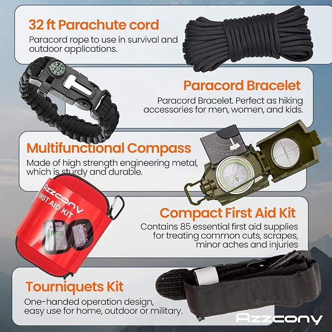 Emergency Survival & First Aid Kit & Tourniquet - 250 PCS Go Bugout Bag Survival Gears with Compass Flashlight Shovel - Tactical Military Grade EDC Backpack for Outdoor Camping Scout