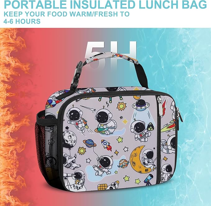 esouler Lunch Box Kids Insulated Lunch Bag for Boys & Girls Durable Children Lunchbox for School with Water Bottle Holder-Astronaut