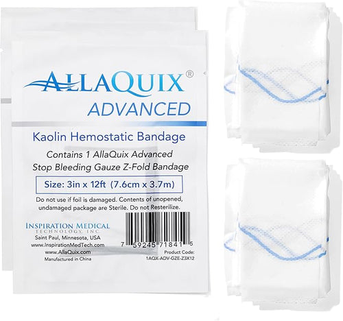 Advanced Kaolin Hemostatic Bandage – Sterile Z-Fold Clotting Gauze (3 in. x 12 ft) | Stops Bleeding Fast for Emergency, Trauma, First Aid, and Survival Kits (2-Pack)