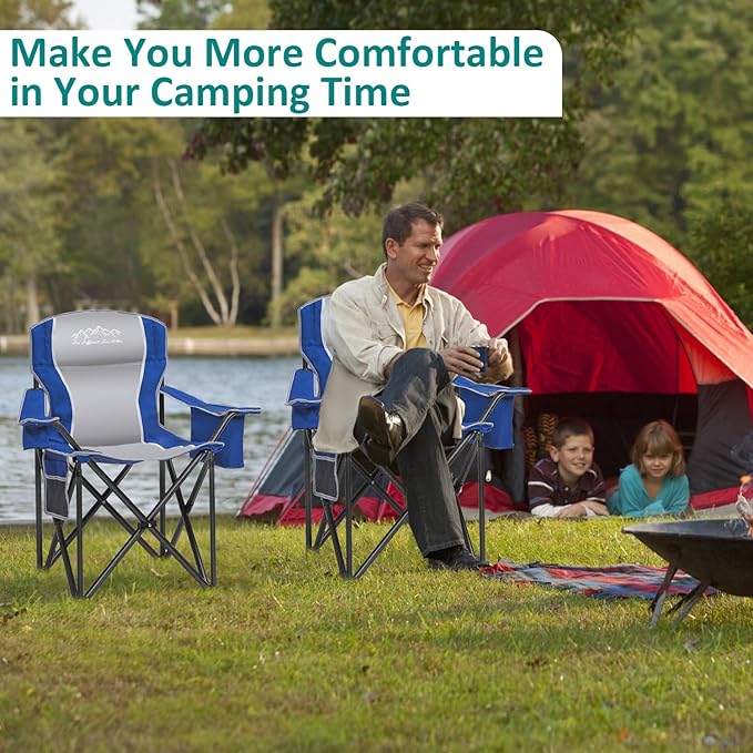Camping Chair with Cooler Bag, Cup Holder, Storage Pocket, Heavy Duty 450lbs Capacity with Large Anti-Sink Feet, Portable Folding Padded Chair for Outdoor, Beach, Fishing, Sports, Blue 2Pack
